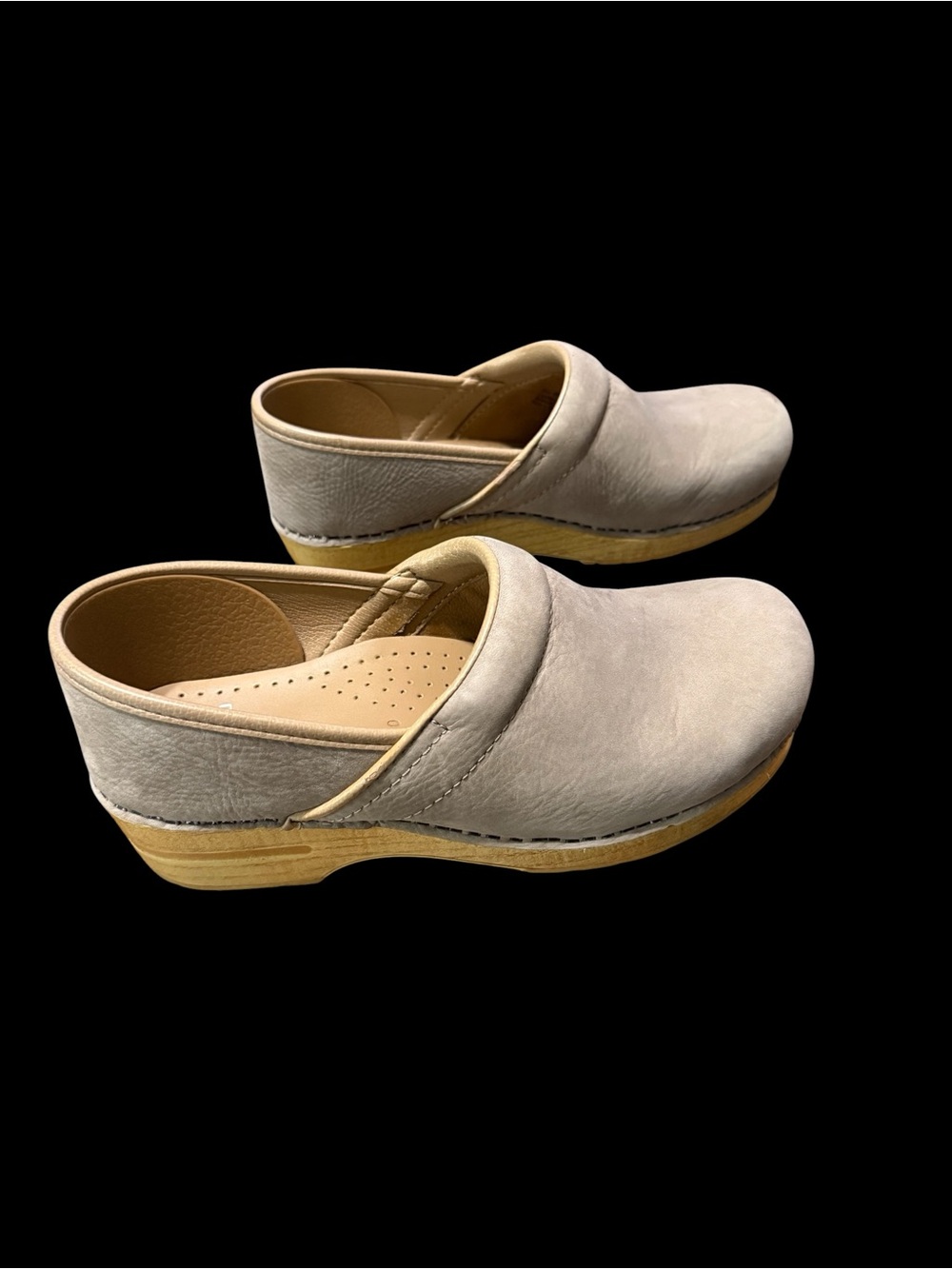 Dansko Light Gray and Tan Leather Clogs